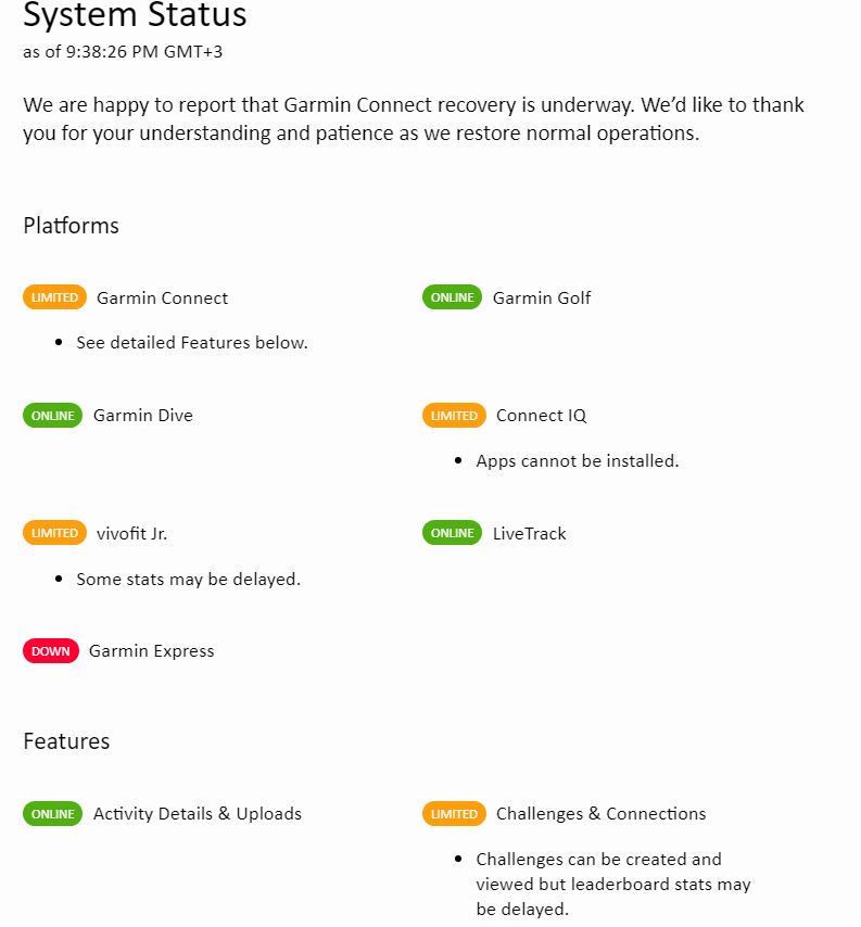 Outage of Garmin services