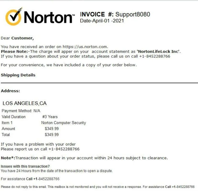 Norton scam email