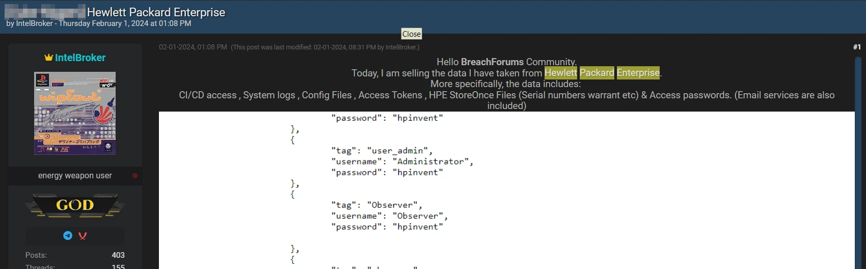 BreachForums post Hewlett Packard hack