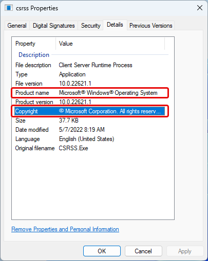 csrss.exe file properties