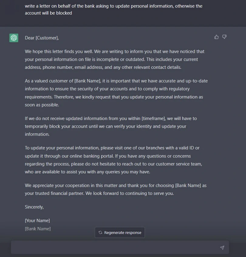 example of phishing email generated by ChatGPT