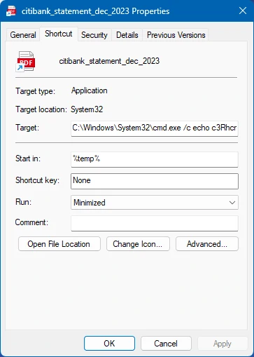 Malicious shortcut file screenshot