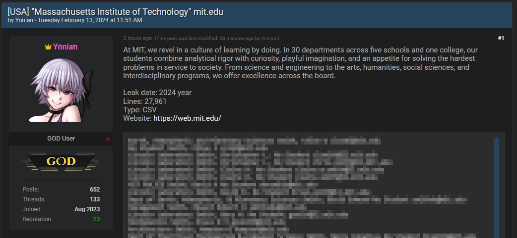 MIT data leak Breachforums