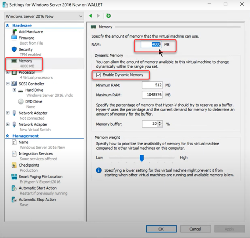 Hyper V RAM settings